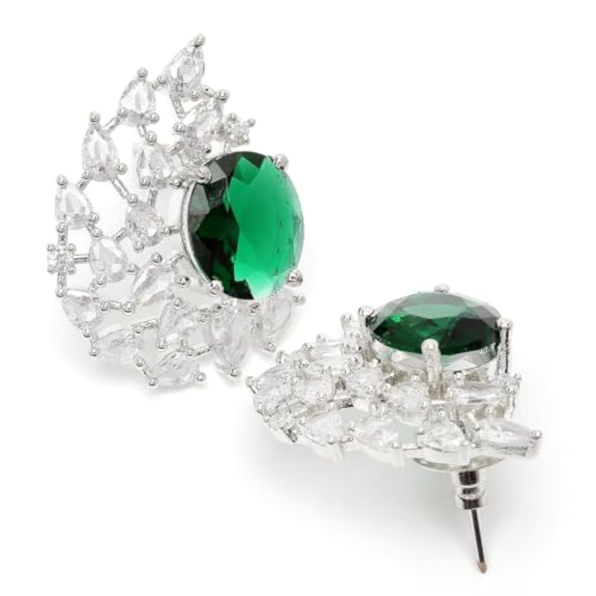 Silver Plated Drop Design Green American Diamond Stud Earrings